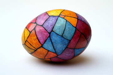 Fototapeta premium onr Easter egg with colorful geometric patterns, positioned on clean white background with ample blank space for custom text