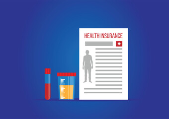 Urine and Blood Analysis with Health Insurance Document. Health care and medicine concept vector art