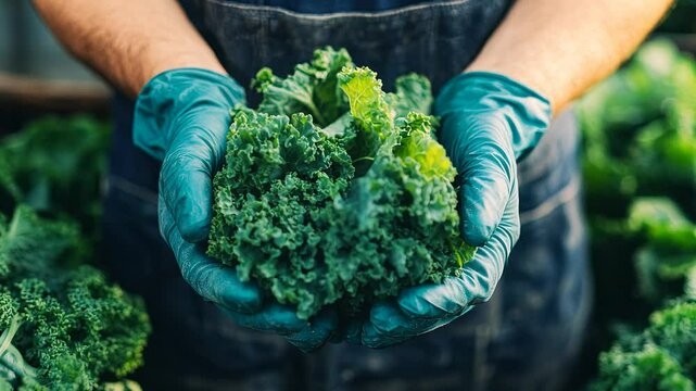 Farmer holding green kale bunch, wearing blue gloves, person in a denim apron, close up shot of greens in hand, close up image