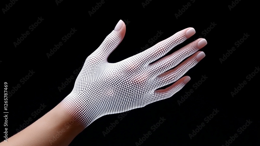 Poster futuristic hand design with 3d grid pattern on black background