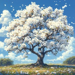 Naklejka premium Majestic Blooming Tree with White Blossoms Under a Clear Blue Sky in a Serene Natural Landscape