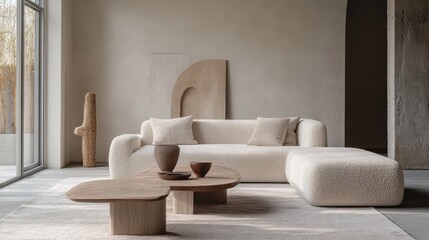 Obraz premium Elegant modern living room features a textured sofa and decor