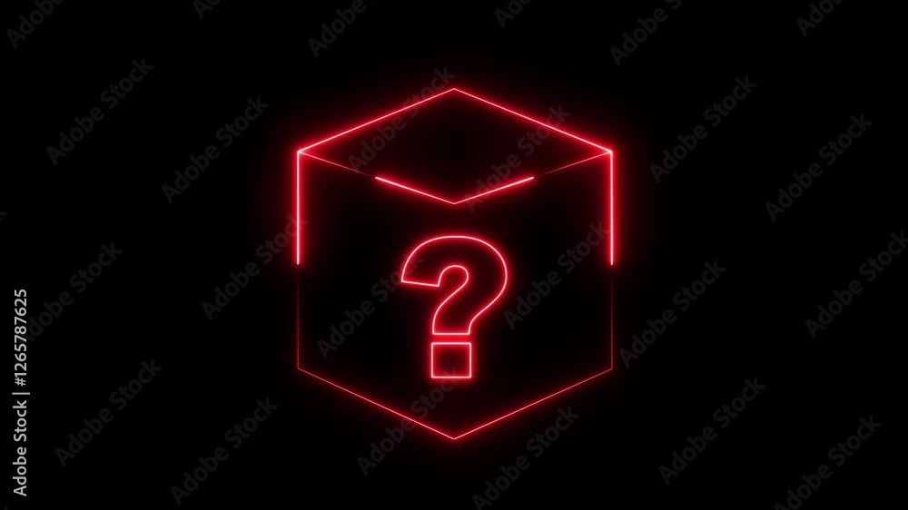 Poster neon glowing square frame on black background with question mark icon. rectangular frame with moving