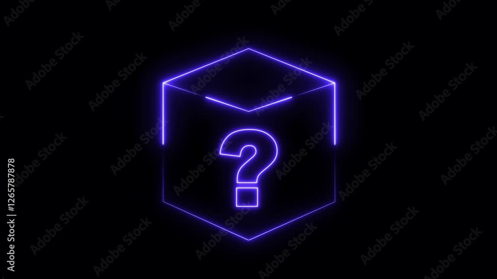 Poster neon glowing square frame on black background with question mark icon. rectangular frame with moving