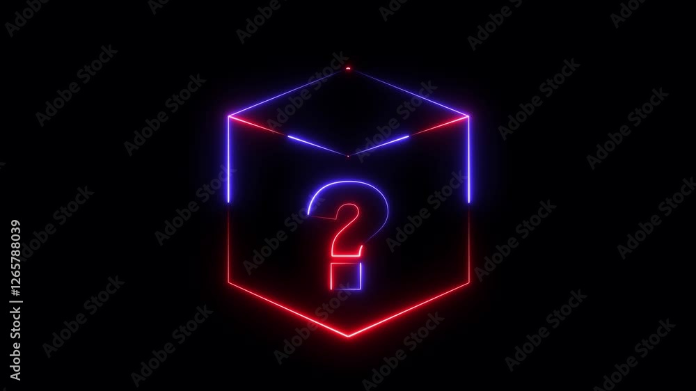 Poster neon glowing square frame on black background with question mark icon. rectangular frame with moving