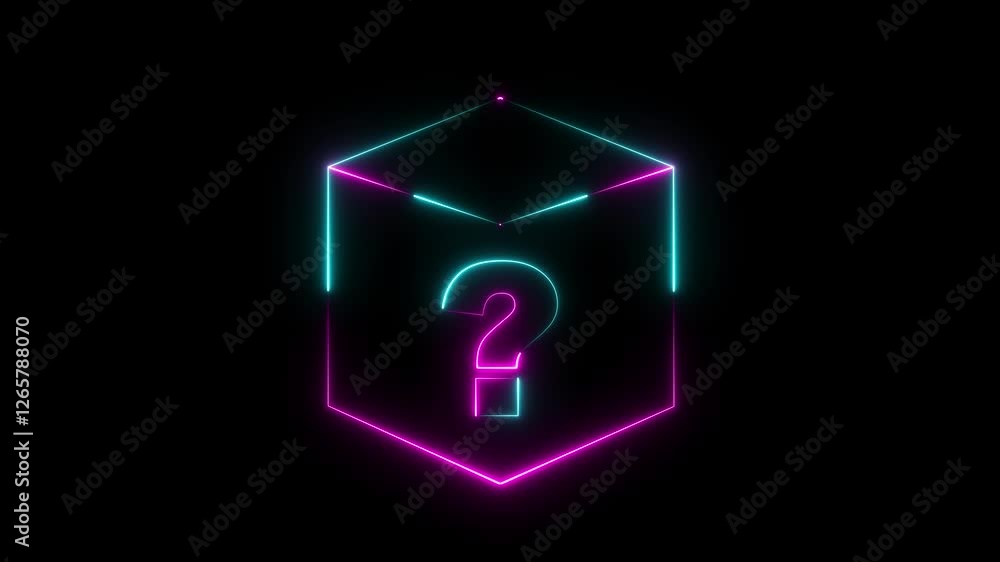 Poster neon glowing square frame on black background with question mark icon. rectangular frame with moving