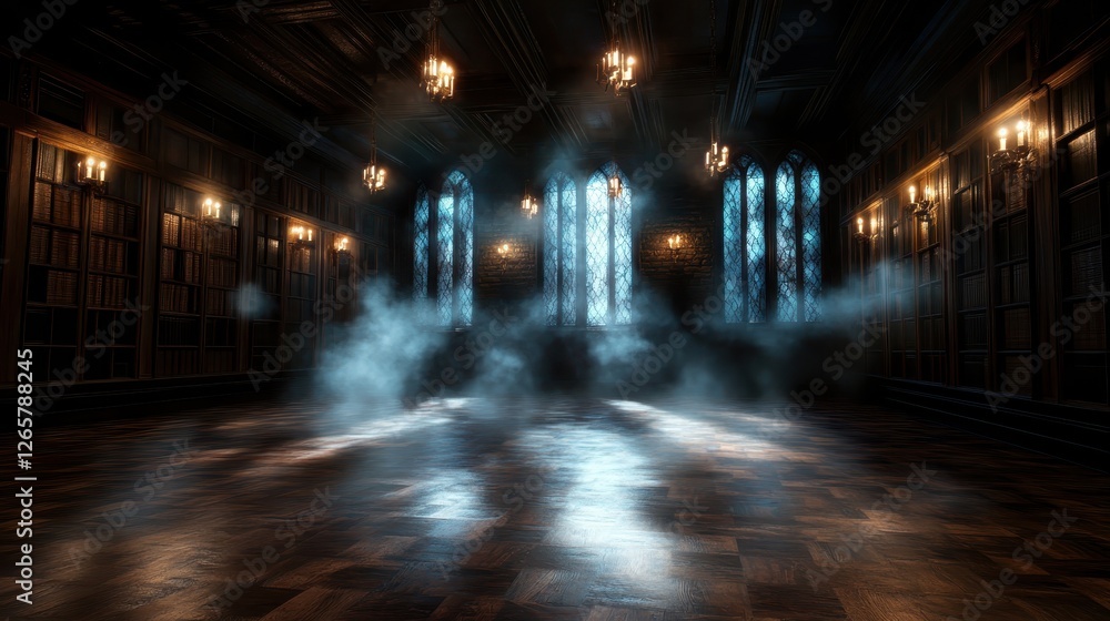 Poster a sophisticated library scene illuminated by soft blue light and casting gentle shadows, evoking a s