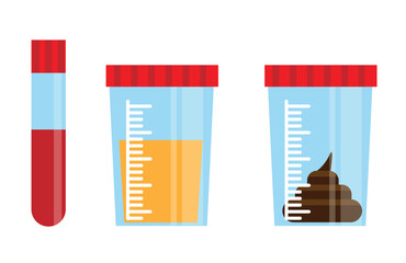 Stool Blood and Urine Analysis Cups. Health care and medicine concept vector art