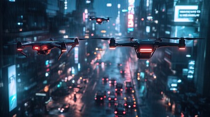 Obraz premium A futuristic delivery drone fleet soaring through a neon-lit city at night, efficient and modern 