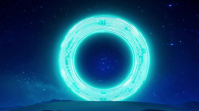 Backlit zoom-out video of a luminous aqua spiral portal materializing against a deep midnight blue starry sky, emitting glowing rings in circular motion