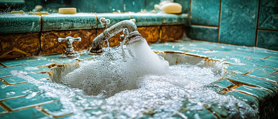 Overflowing sink with bubbles in a vintage bathroom, showcasing teal tiles and soap in background