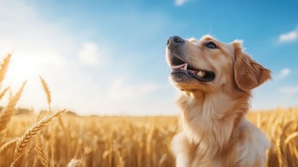 A happy golden retriever gazes joyfully into the distance, set against a backdrop of golden wheat under a clear blue sky, exuding a sense of peace and freedom.
