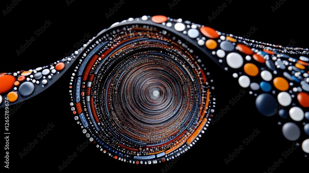 Poster abstract swirling design with colorful dots on black background