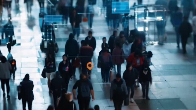 Security camera view motion detection system recognizes identifies people with big data and AI. Facial recognition technology scan detect people face for identification in crowded places. IOT CCTV10