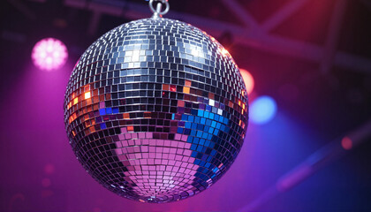 Shimmering disco ball reflecting vibrant lights in dance scene, celebration