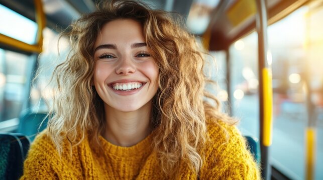 A smiling young woman radiates warmth and happiness while enjoying her bus ride, symbolizing the beauty of daily life and the simple joys of urban living.
