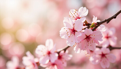 Delicate cherry blossoms blooming in soft sunlight, spring beauty