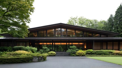 Fototapeta premium Modern Japanese House Exterior with Dark Wood and Large Windows
