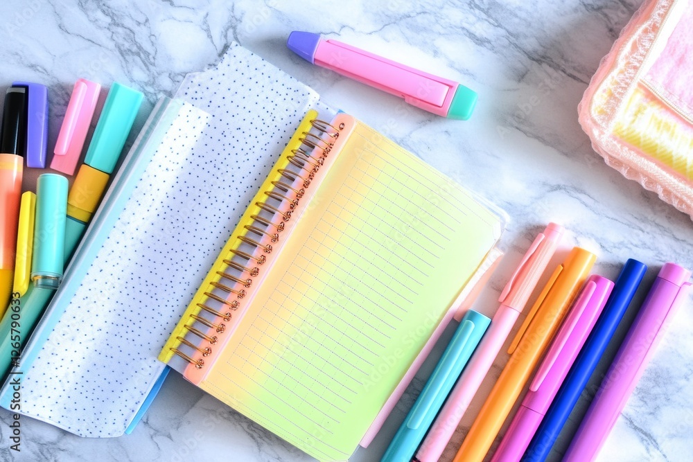 Poster pastel-colored pens and highlighters surround an open notebook on a smooth marble surface, creating 