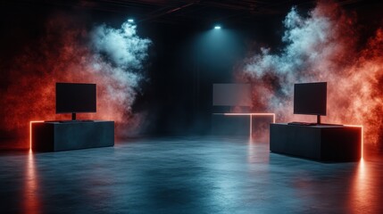 A modern gaming setup featuring sleek screens and neon lighting effects creates an immersive and futuristic atmosphere, perfect for avid gamers and tech enthusiasts.