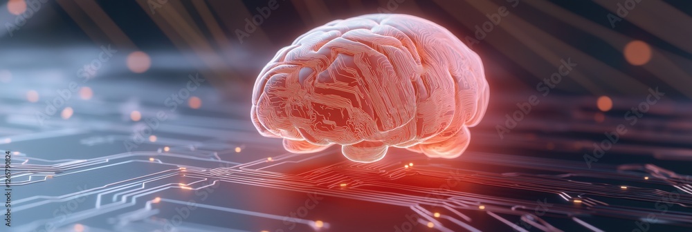 Poster a brain is shown on a computer chip. the brain is red and white and is surrounded by a black backgro