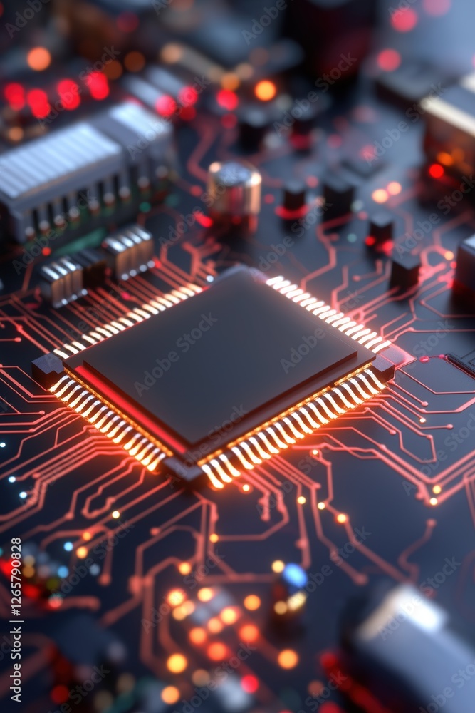 Poster a close up of a computer chip with a black background. the chip is lit up with red and orange lights