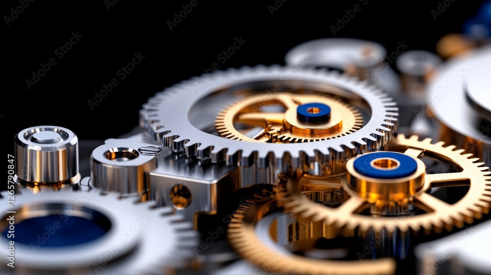 Poster intricate close-up view of metallic gears and cogs in motion