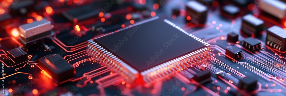 Poster a close up of a computer chip with a red background. the chip is black and has a white outline