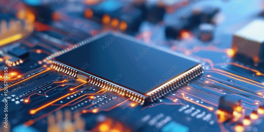 Poster a close up of a computer chip with a black background. the chip is surrounded by a lot of wires and 