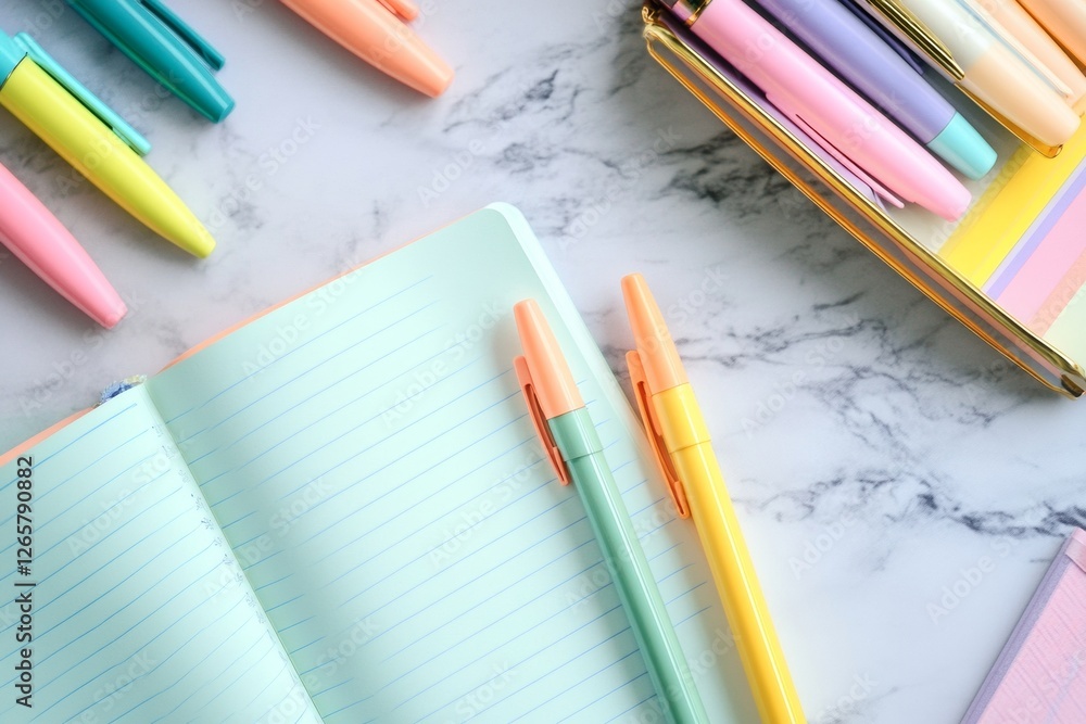 Poster pastel-colored pens and highlighters are arranged alongside an open notebook on a marble surface, cr