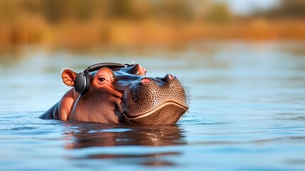 Fototapeta premium A charming hippopotamus wearing headphones floats serenely in calm waters, highlighting the whimsical and playful side of nature while enjoying a musical retreat.