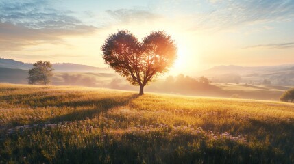 Obraz premium Heart shaped tree in a sunlit field at sunrise idyllic nature landscape