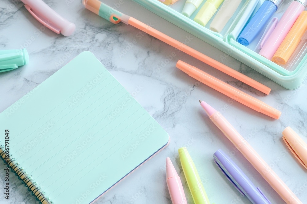 Poster soft pastel pens and highlighters are arranged neatly around an open notebook on a beautiful marble 