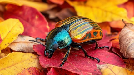Naklejka premium Colorful beetle on autumn leaves