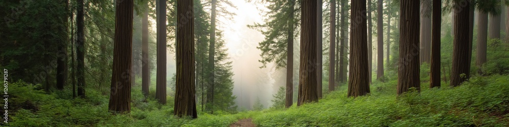 Poster a forest with a path through it. the trees are tall and green. the sky is cloudy and the sun is shin