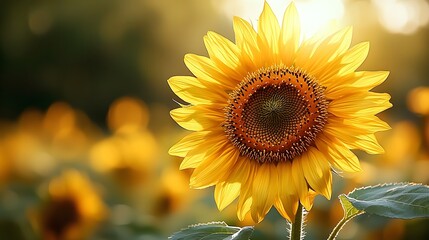 Fototapeta premium Sunflower in Full Bloom Intricate Details of the Petals and Seeds Soft Focus Background Warm and Inviting Lighting Spacious Copy Space for Text Overlay