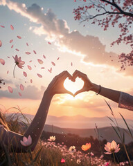 International Women's Day celebration photo with golden sunlight and hands making a heart gesture