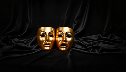 Golden comedy and tragedy masks on black velvet background, theatrical tribute