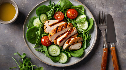 A plate holds grilled chicken slices atop a bed of fresh spinach, accompanied by cucumber slices and cherry tomatoes. A small bowl of dressing and cutlery are also present.