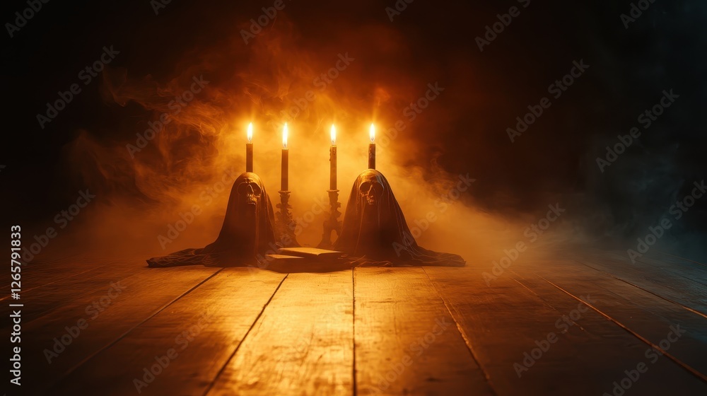 Poster a mysterious atmosphere is created by four flickering candles positioned around a closed book, with 