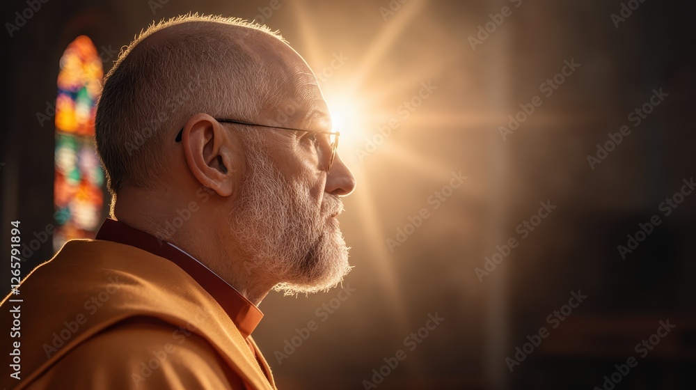 Poster a wise figure is illuminated softly from behind, with sunlight streaming through, creating a contemp