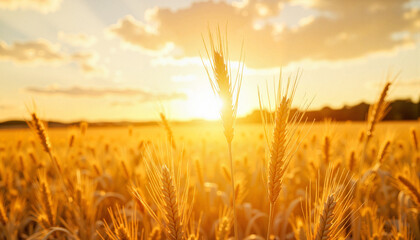 Naklejka premium Golden wheat swaying in sunlight over endless fields, agricultural abundance