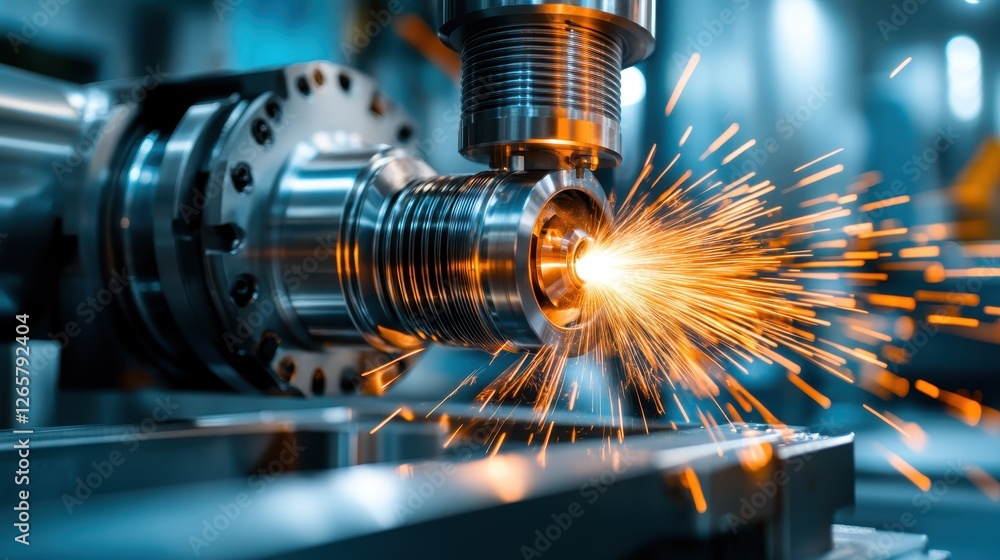 Poster a captivating image showcases a spark erupting during metal machining in a high-tech workshop, illus