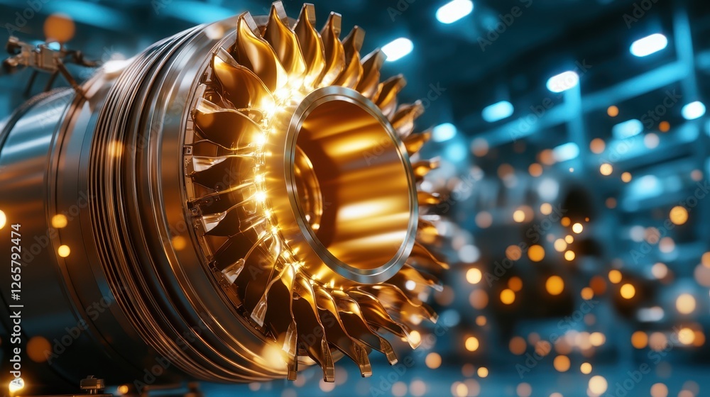 Poster a remarkable close-up of a sophisticated turbine design, emphasizing its intricate details against a