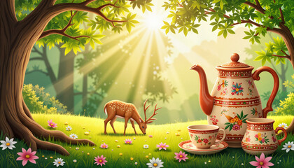 Obraz premium Whimsical Persian tea set in enchanted forest clearing, fairy tale vibes