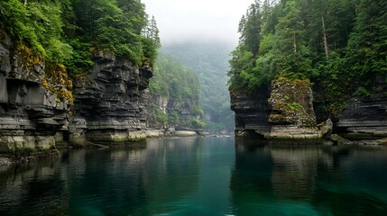 Misty Green Gorge With Clear Blue River