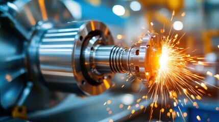 A striking close-up focuses on precision machinery, highlighting the luminous sparks that result from intense engineering activities in a high-tech manufacturing environment.