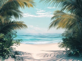 Fototapeta premium Serene Tropical Beach View Surrounded by Lush Greenery and Calm Ocean Waves Under a Bright Sky