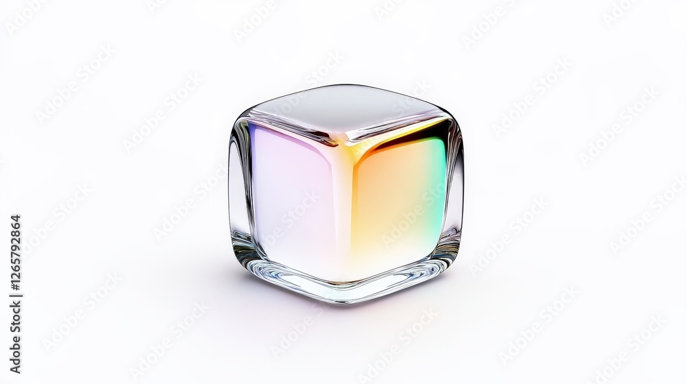 Poster elegant transparent cube with subtle color reflections on white background
