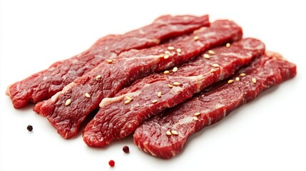 Beef strips Teriyaki style, flat white background, 16:9